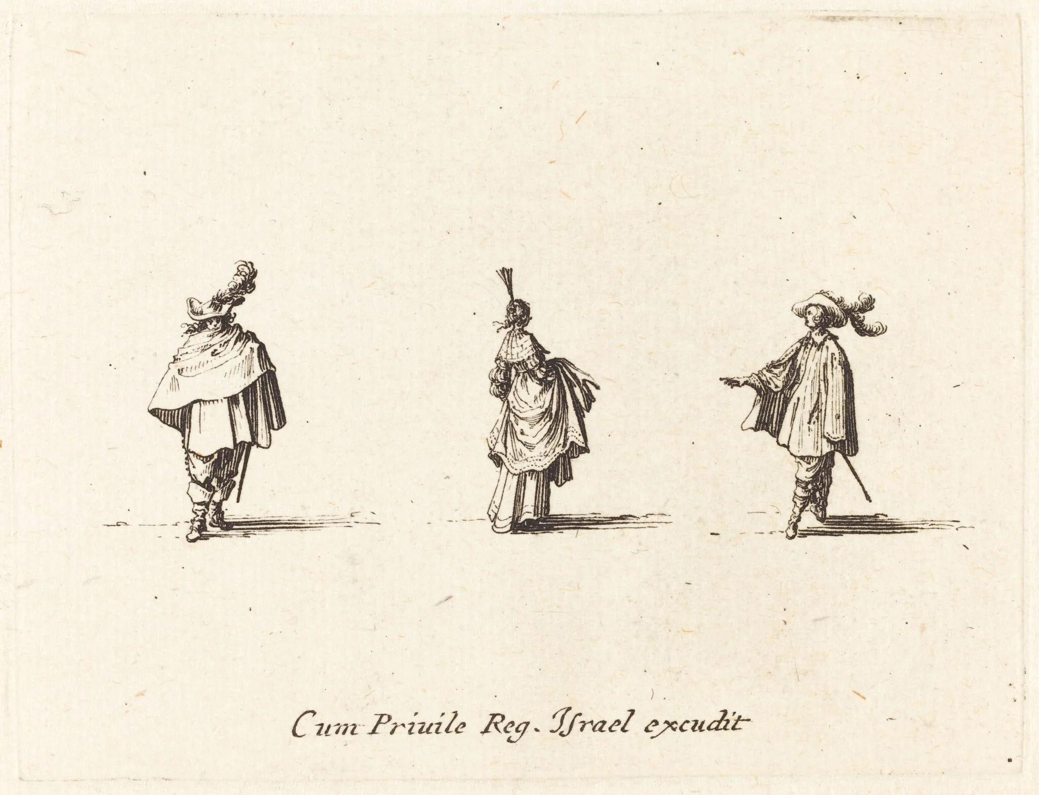 Lady with Dress Gathered Up, and Two Gentlemen, by Jacques Callot, ink, 1634