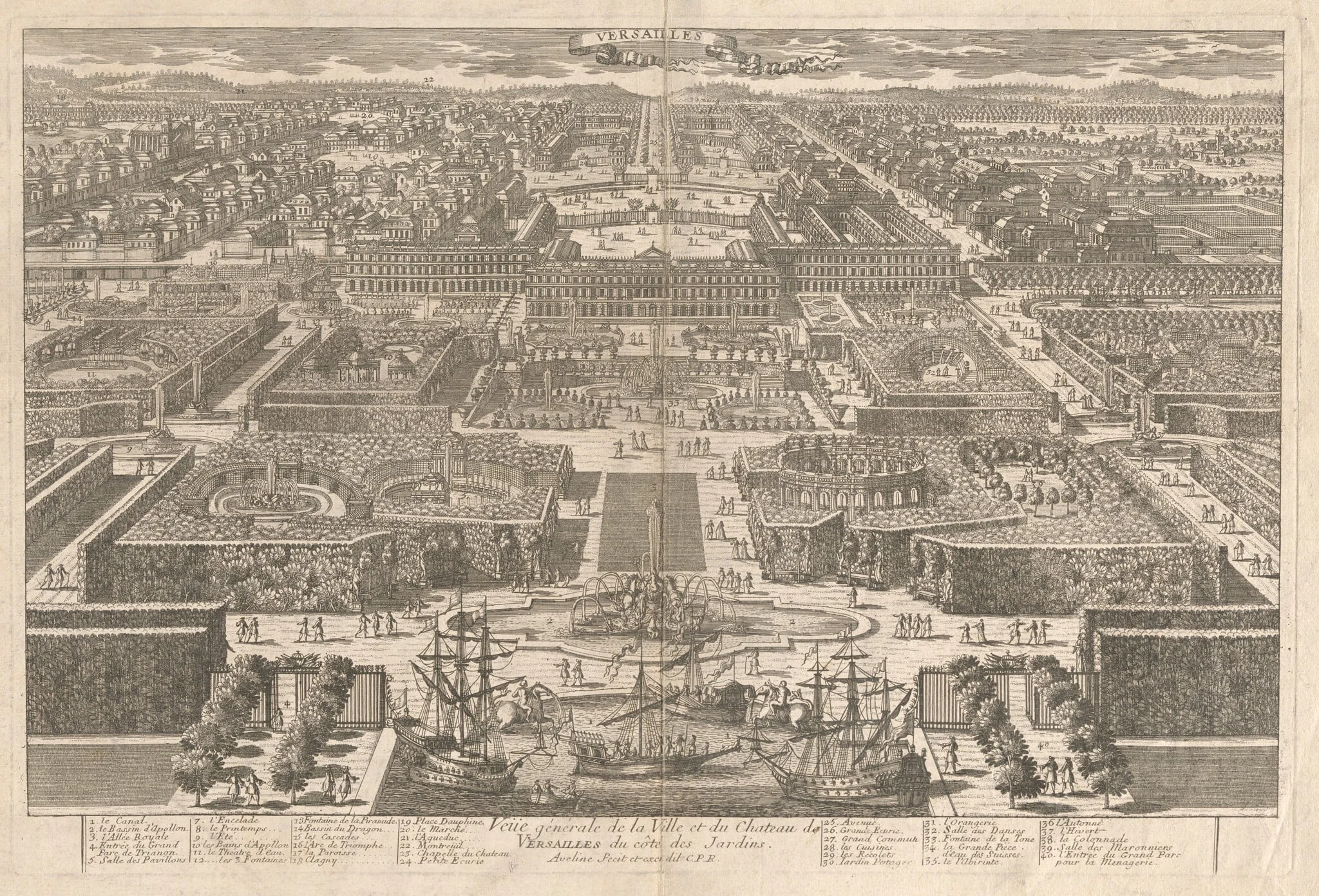 Veüe générale de la Ville et du Chateau de Versailles du côté des Jardins (View of Versailles), by Pierre Aveline the Elder, ink, 1675