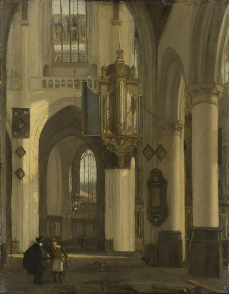 Interior of a Protestant Gothic church with motifs of the Oude and the Nieuwe Kerk in Amsterdam