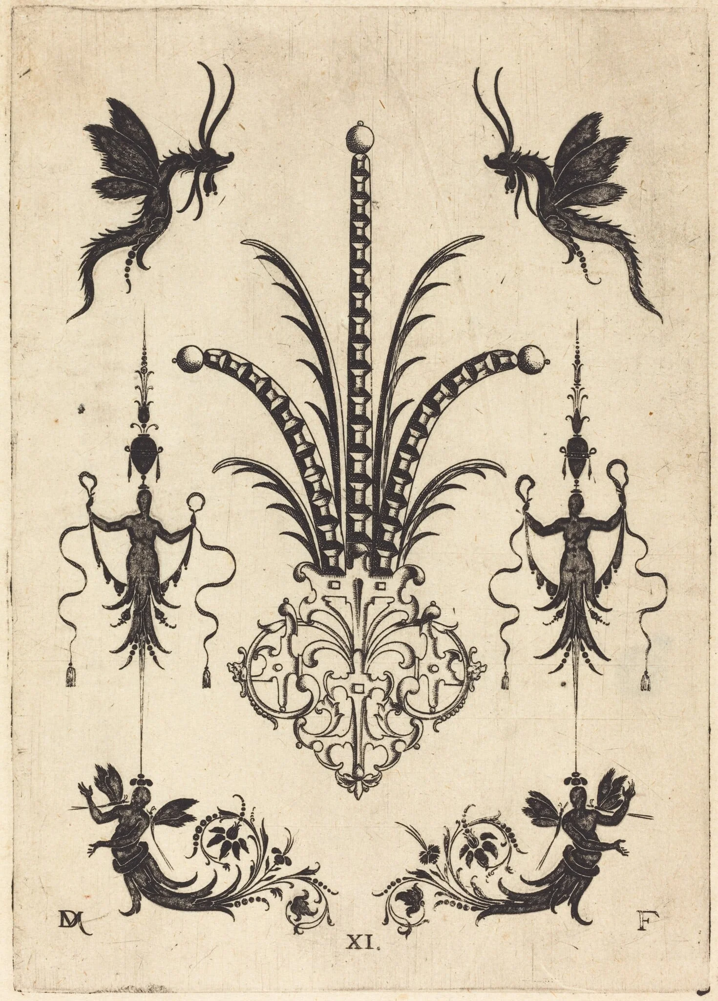 Brooch with Table-Stones, Winged Animals at Top, and Winged Human Beings at Bottom