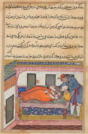 Shahr-Arai’s husband bends to kiss his wife who feigns sleep, from a Tuti-nama (Tales of a Parrot): Fortieth Night