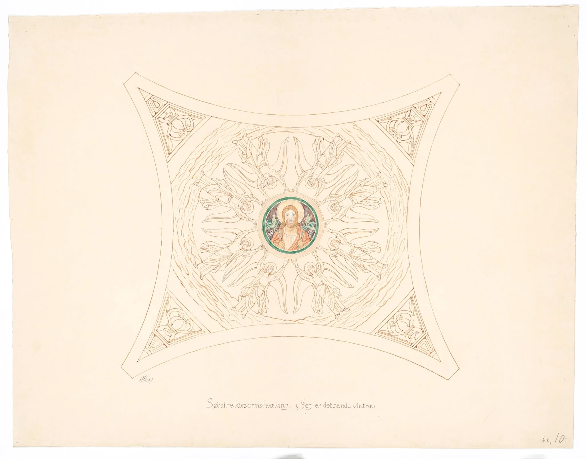 Udkast til freskerne i Viborg Domkirke. Søndre korsarms-hvælvning, by Unknown, unspecified, 1897