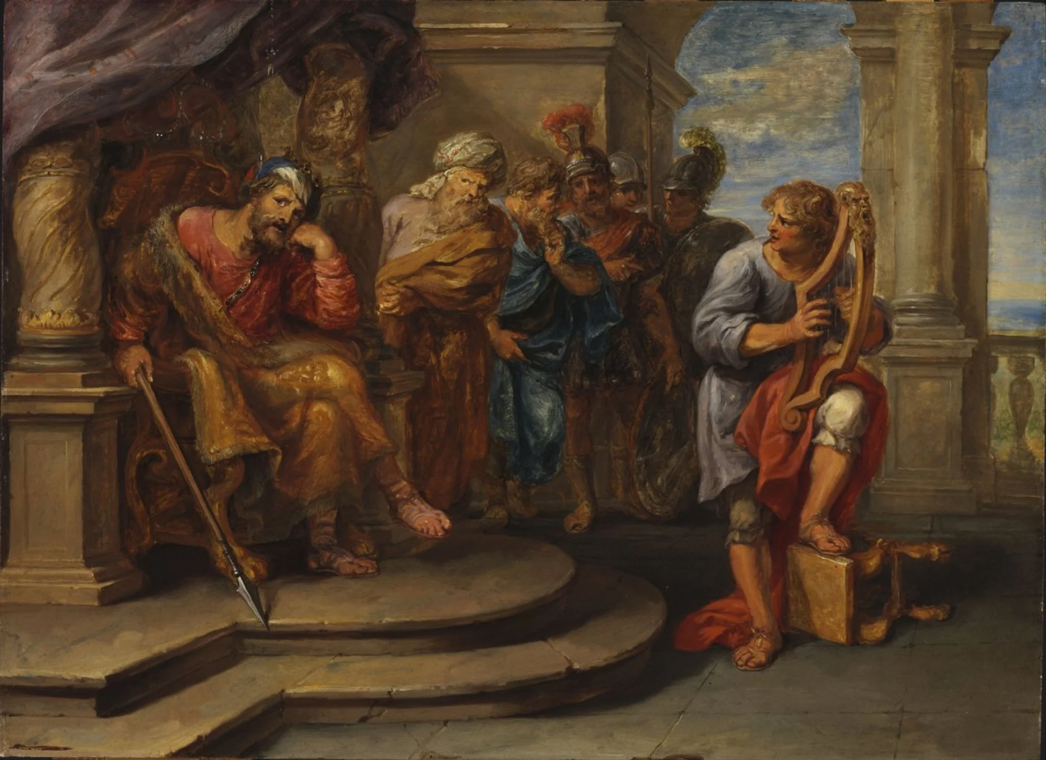 David Playing the Harp for King Saul, by Jan van den Hoecke, oil, 1630
