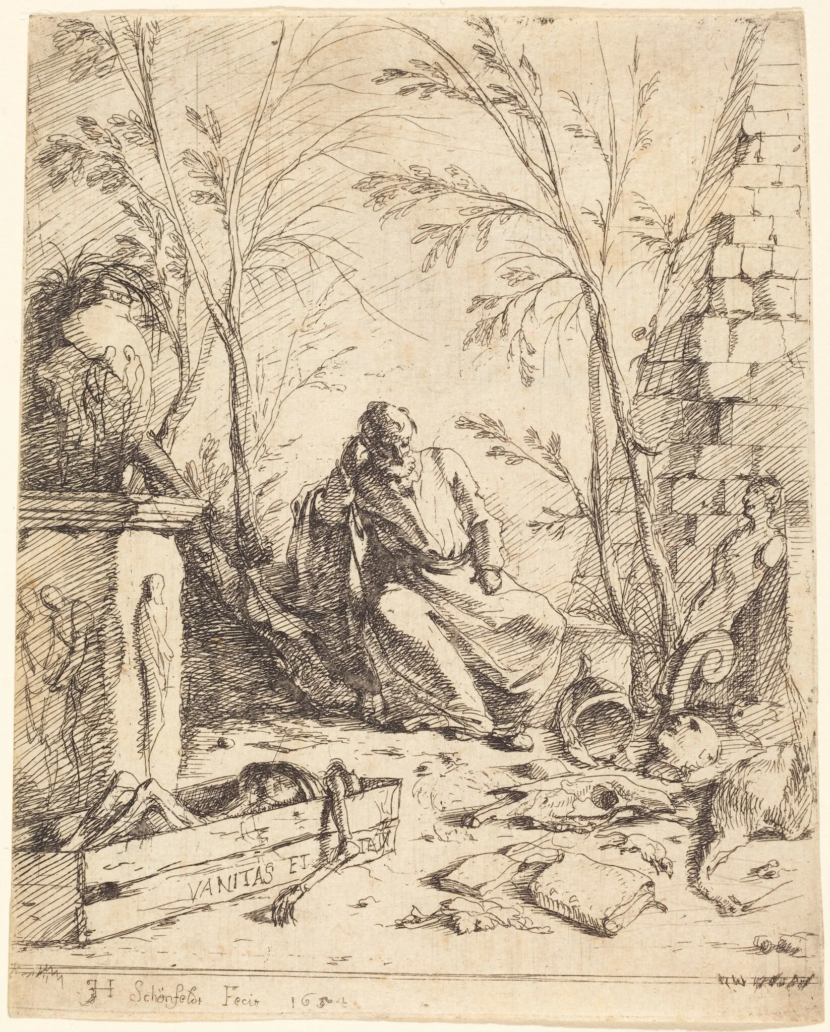 Democritus Meditating, by Johann Heinrich Schönfeld, ink, 1654