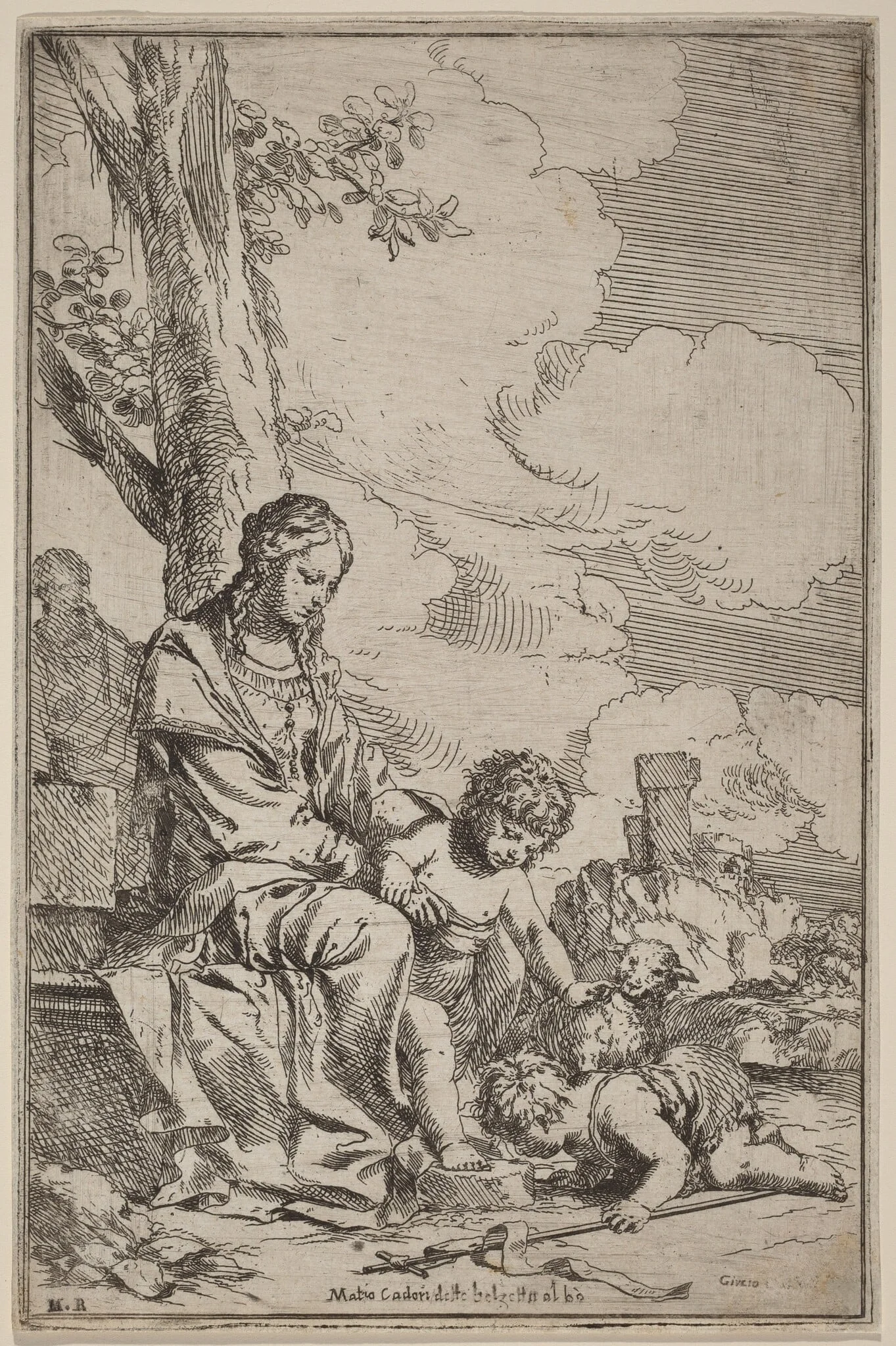 The Virgin and Child with Saint John the Baptist, by Giulio Carpioni, ink, 1646