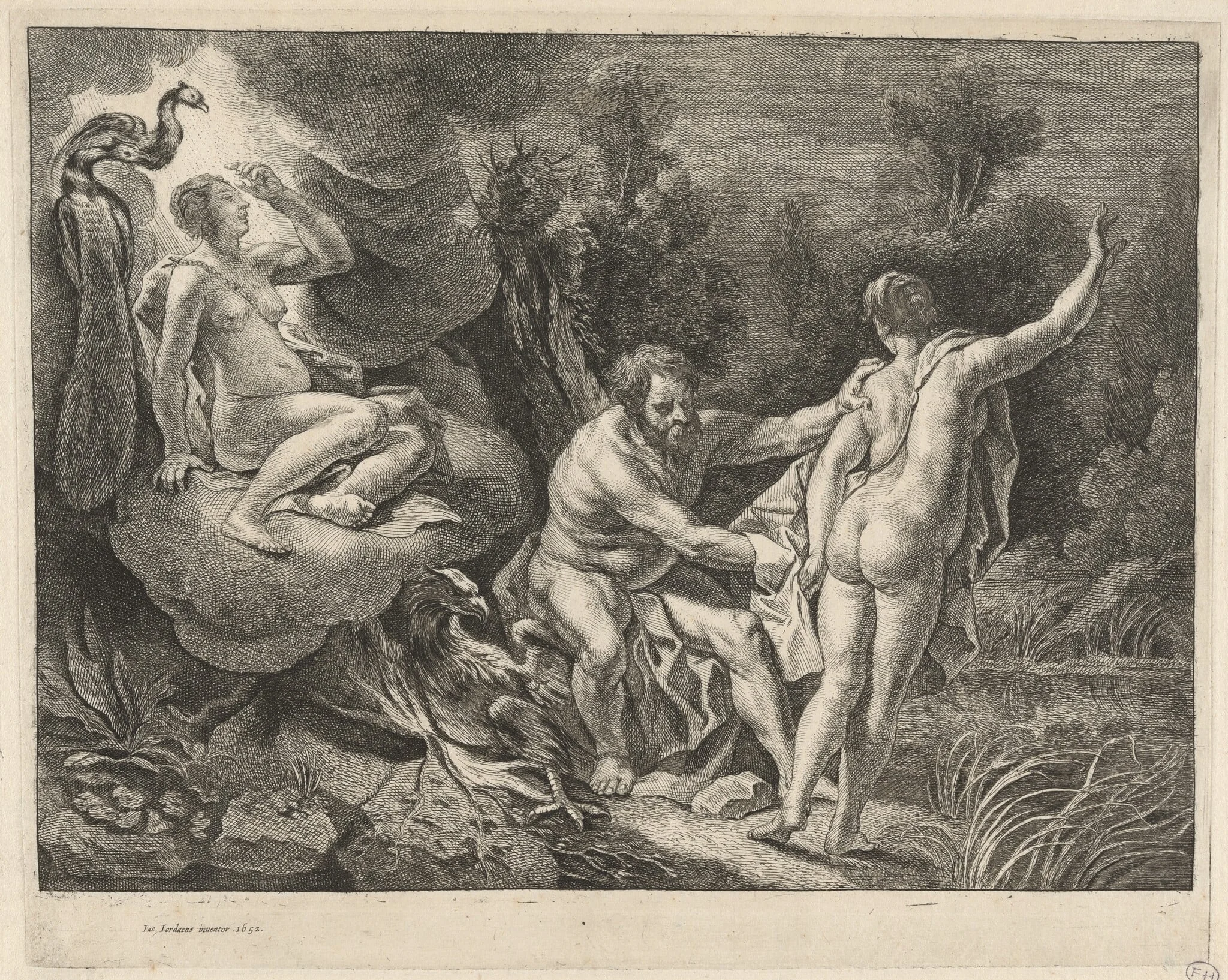 Juno Surprising Jupiter and Io, by Remoldus Eynhoudts, ink, 1652