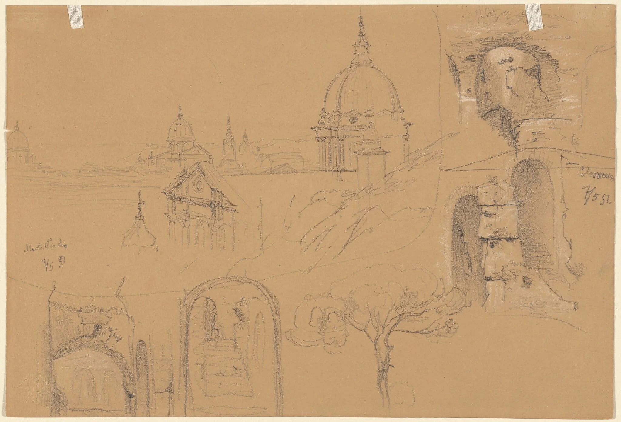 Studies of the Colosseum and Monte Pincio (verso), by Julius Jacob the Elder, graphite, 1851