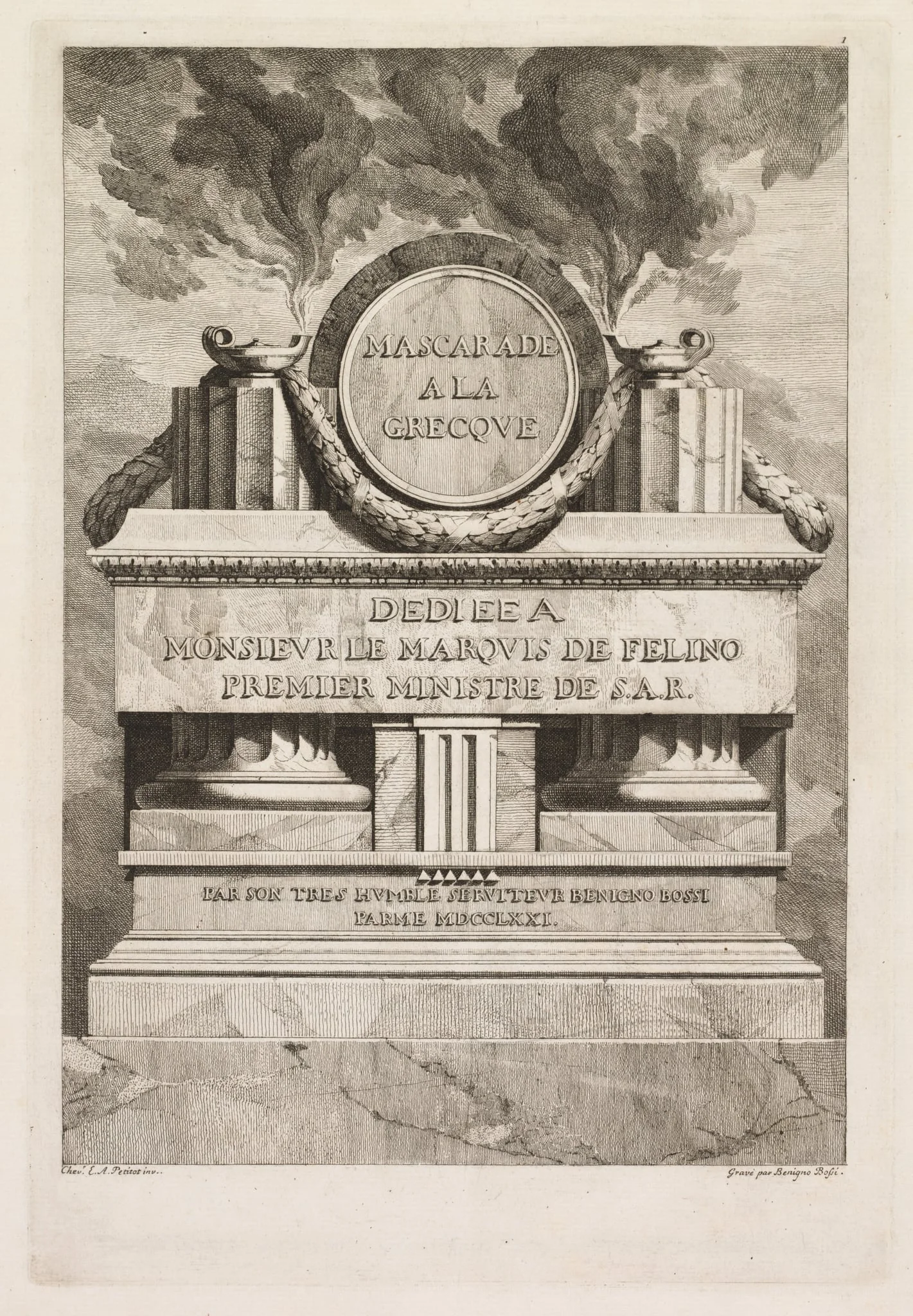Mascarade à la Grecque: Dedication Page, by Benigno Bossi, 1771
