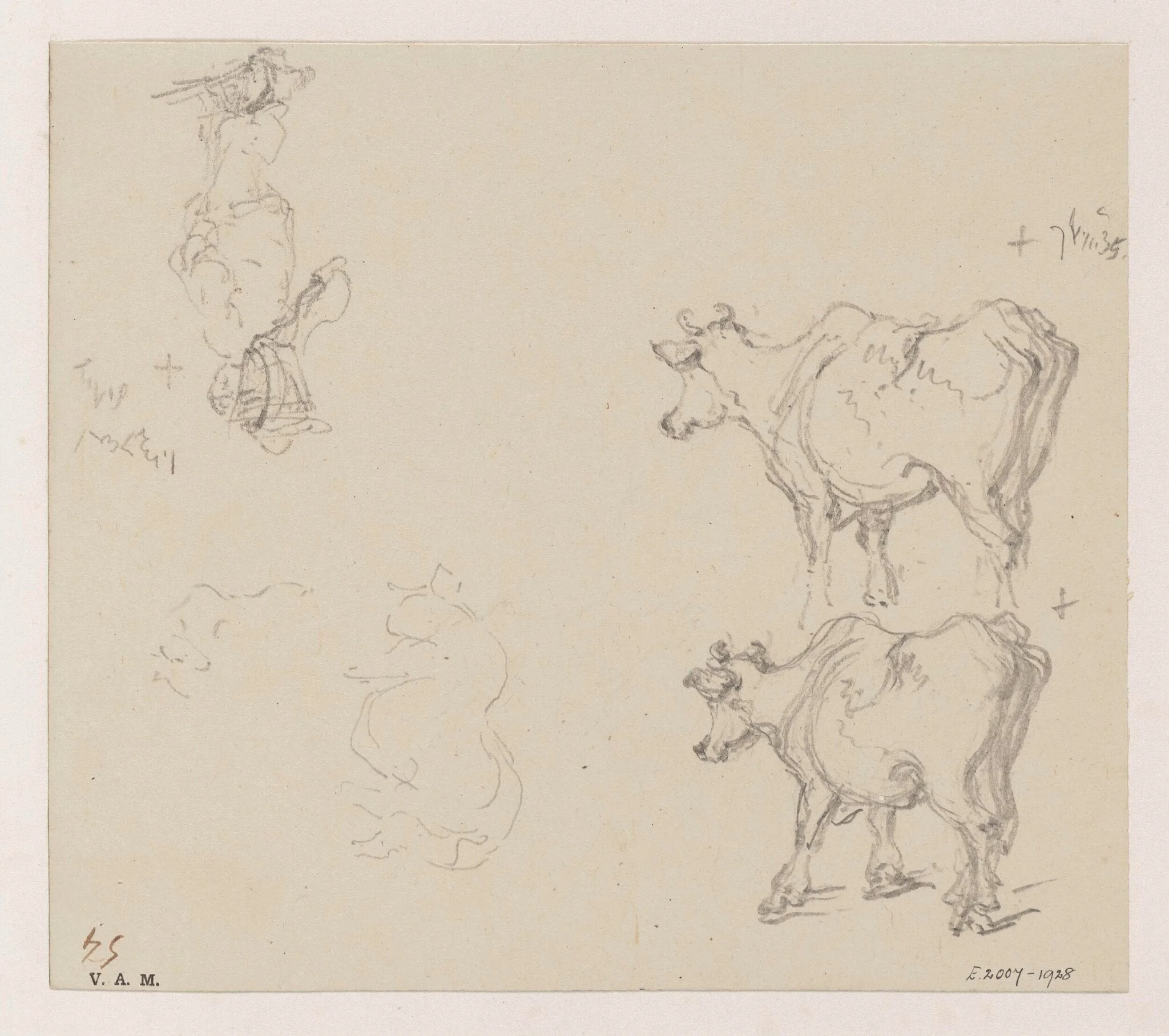 Two drawings of a cow and a drawing of a porter, by George Chinnery, 6