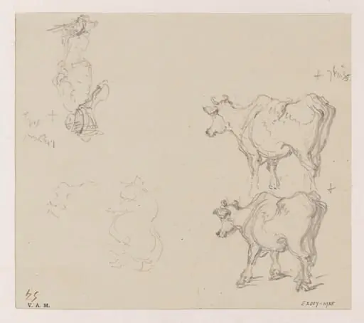 Two drawings of a cow and a drawing of a porter