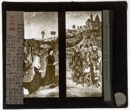 Dirk Bouts (en atelier). Hugo van der Goes. Anoniem. Triptiek met de Marteldood van de Heilige Hippolytus Zijpanelen, voorzijde