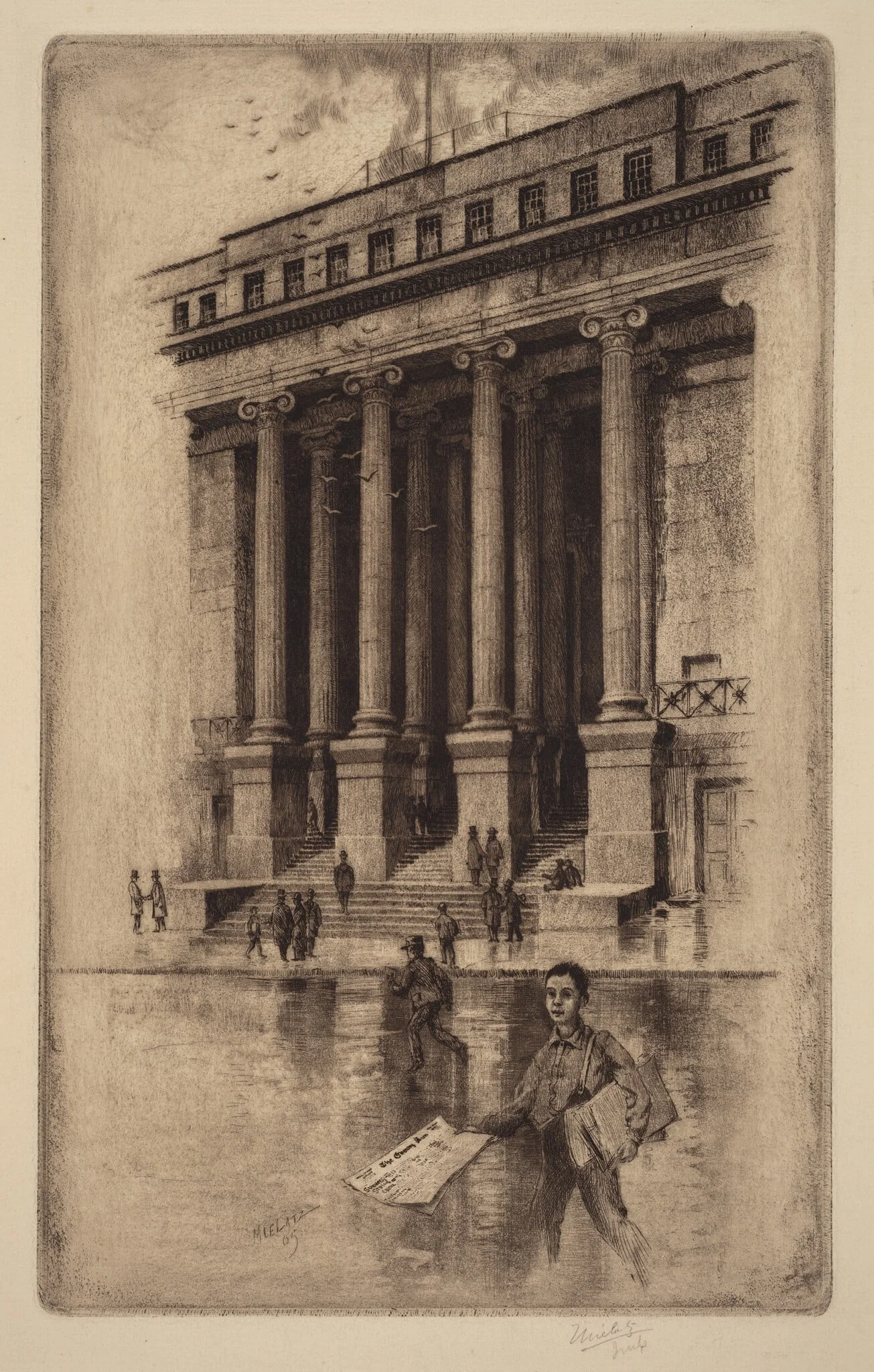 Porch, Old Custom House, Wall Street, by Charles Frederick William Mielatz, ink, 1905
