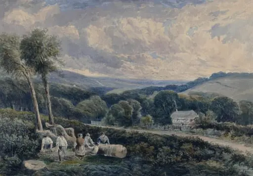 Landscape with cottage - labourers binding cordwood
