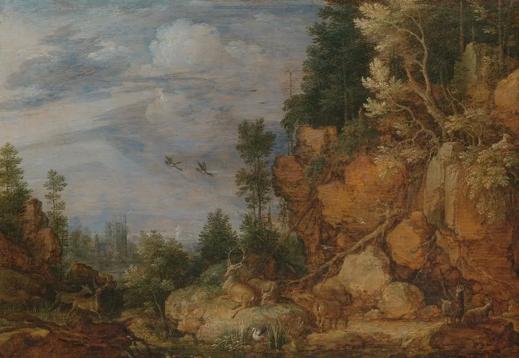 Rocky landscape with deer and goats