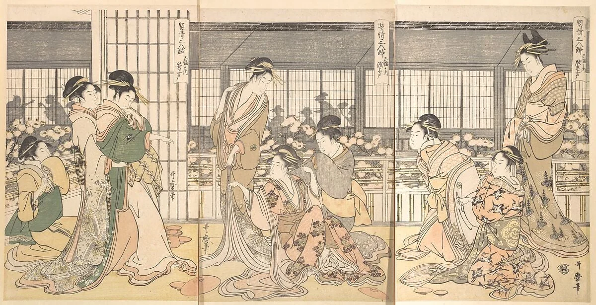 契情三人酔　三幅之内　腹立上戸　泣上戸　笑上戸|Three Intoxicated Courtesans, by Kitagawa Utamaro, ink, 1794