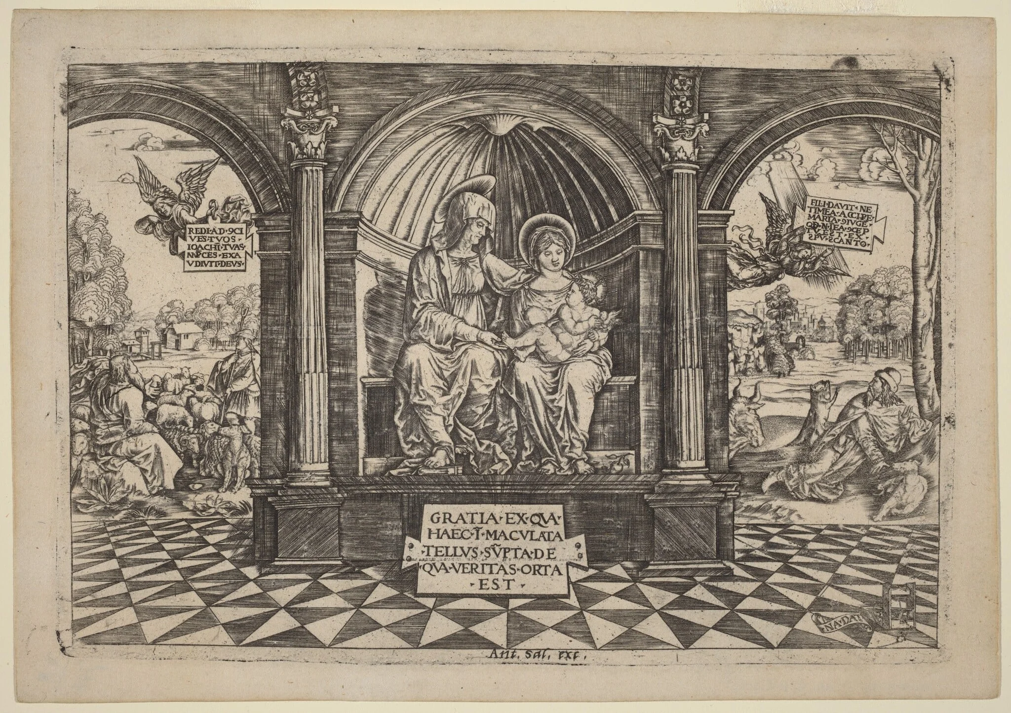 Virgin and Child Enthroned with Saint Anne, by Master NA.DAT with the Mousetrap, ink, 1512