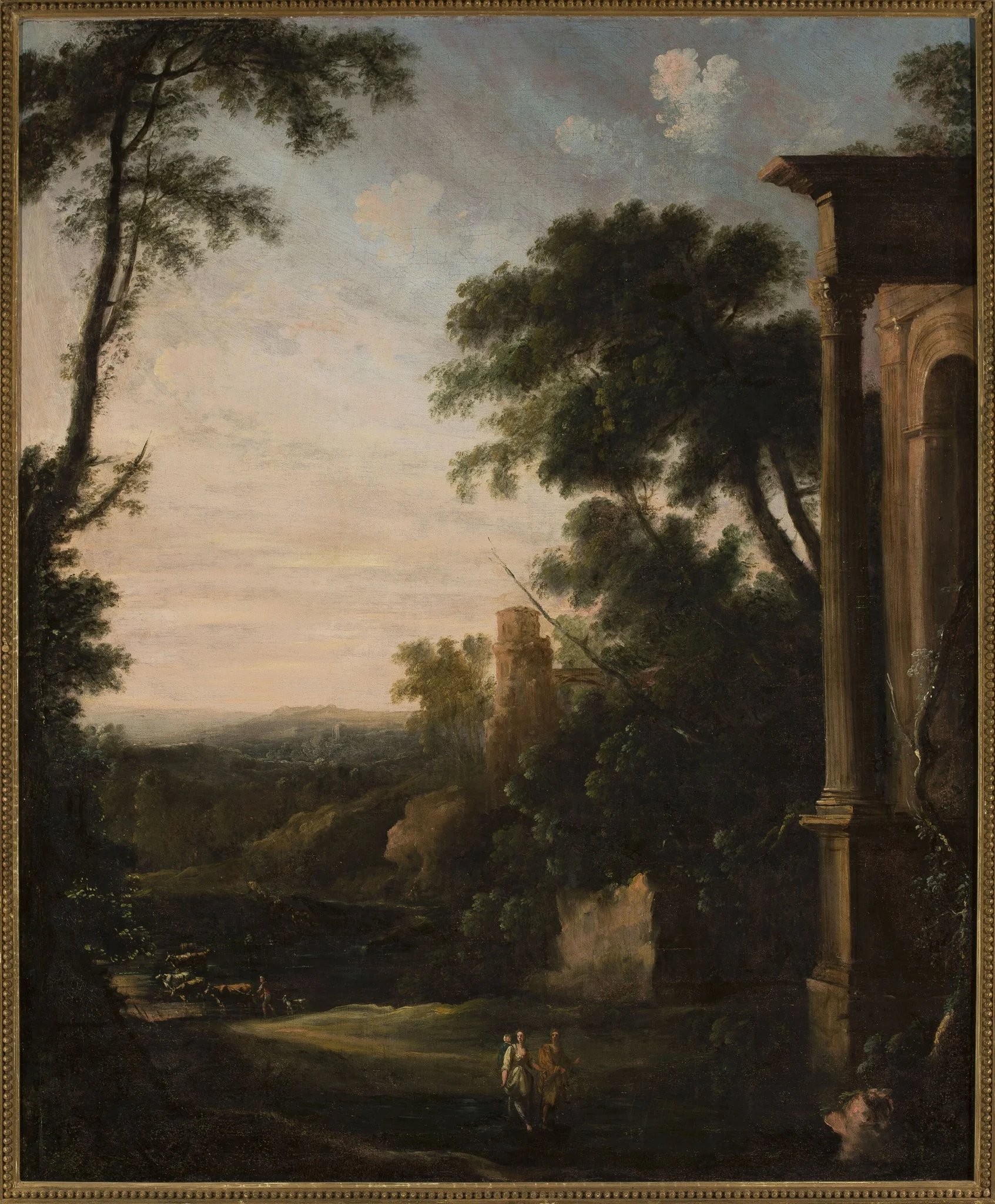 Landscape with architecture and staffage, by Pierre-Antoine Patel, oil, 1703