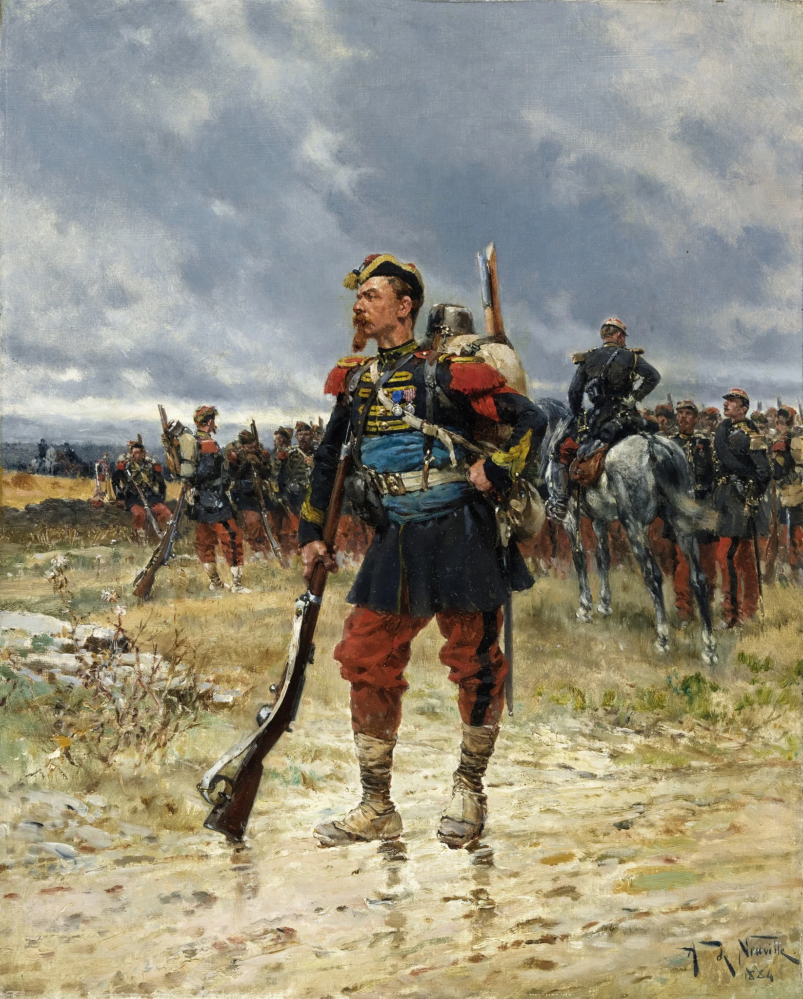 A Soldier with Troops in the Background, by Alphonse de Neuville, oil, 1892