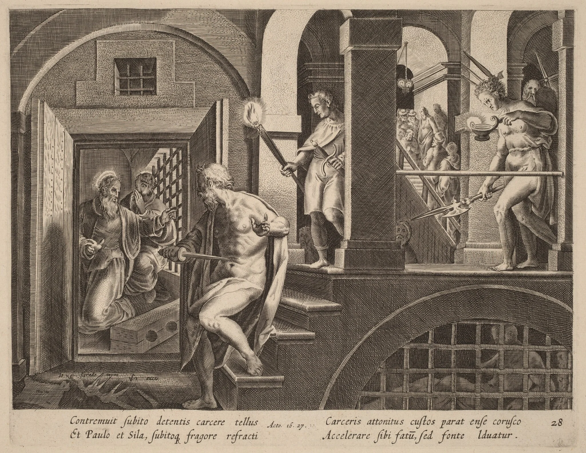 The Jailer about to Kill Himself, Converted by Saint Paul, by Philip Galle, ink, 1574