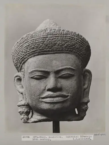 Cambodian sandstone sculpture of head of Deva, 10th century, V&A Museum, London