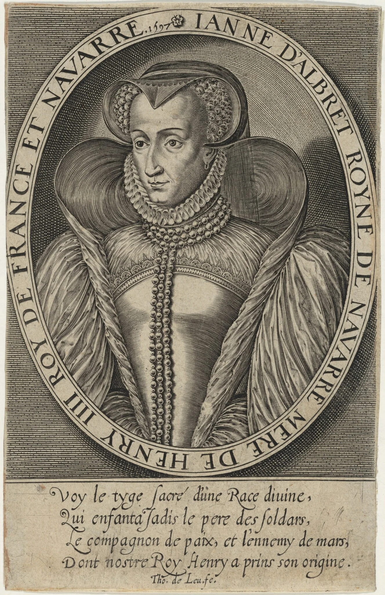 Jeanne D'Albret, Queen of Navarre, Mother of Henry IV of France, by Thomas de Leu, ink, 1697