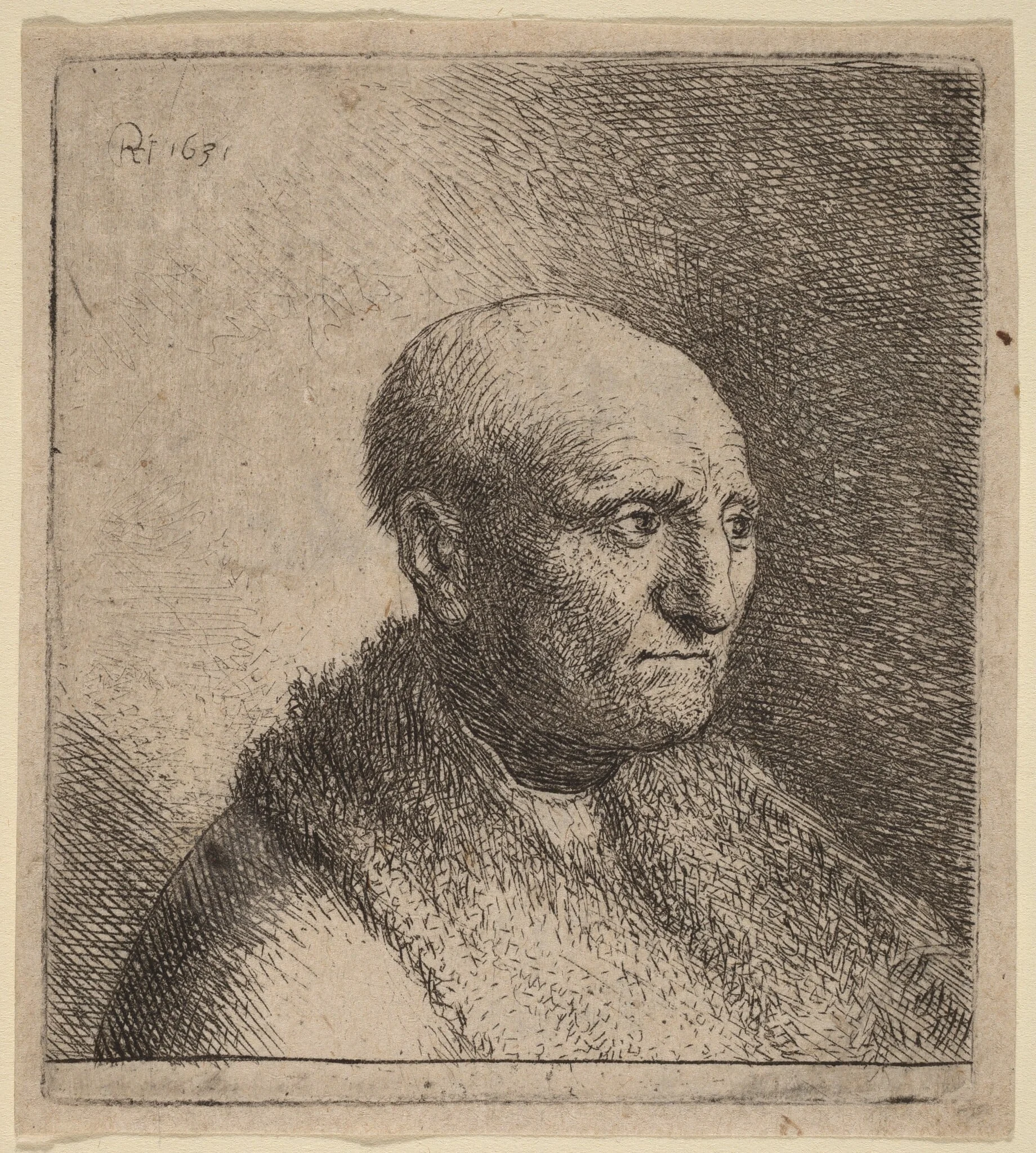 Bald Man in a Fur Cloak, by Rembrandt, ink, 1630