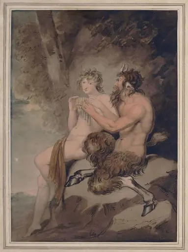 Pan teaching Apollo to play the pipes