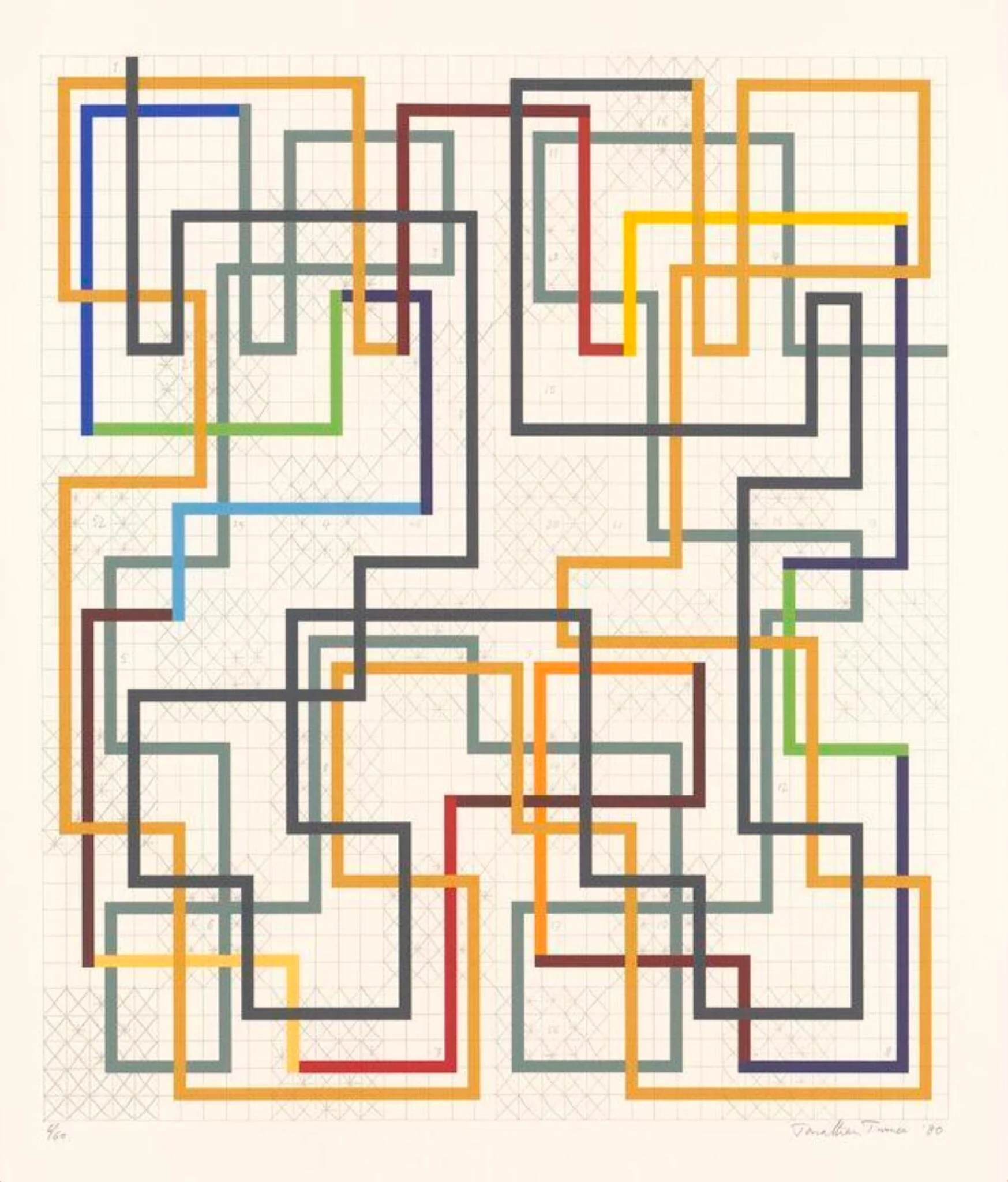 '63 of the Knight's moves in chess covering each of the chessboard's squares in turn', by Jonathan Turner, 1980