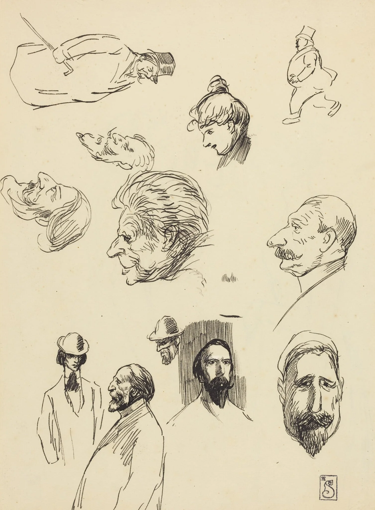 Studies of Figures and Heads, by Théophile Alexandre Steinlen, ink, 1891