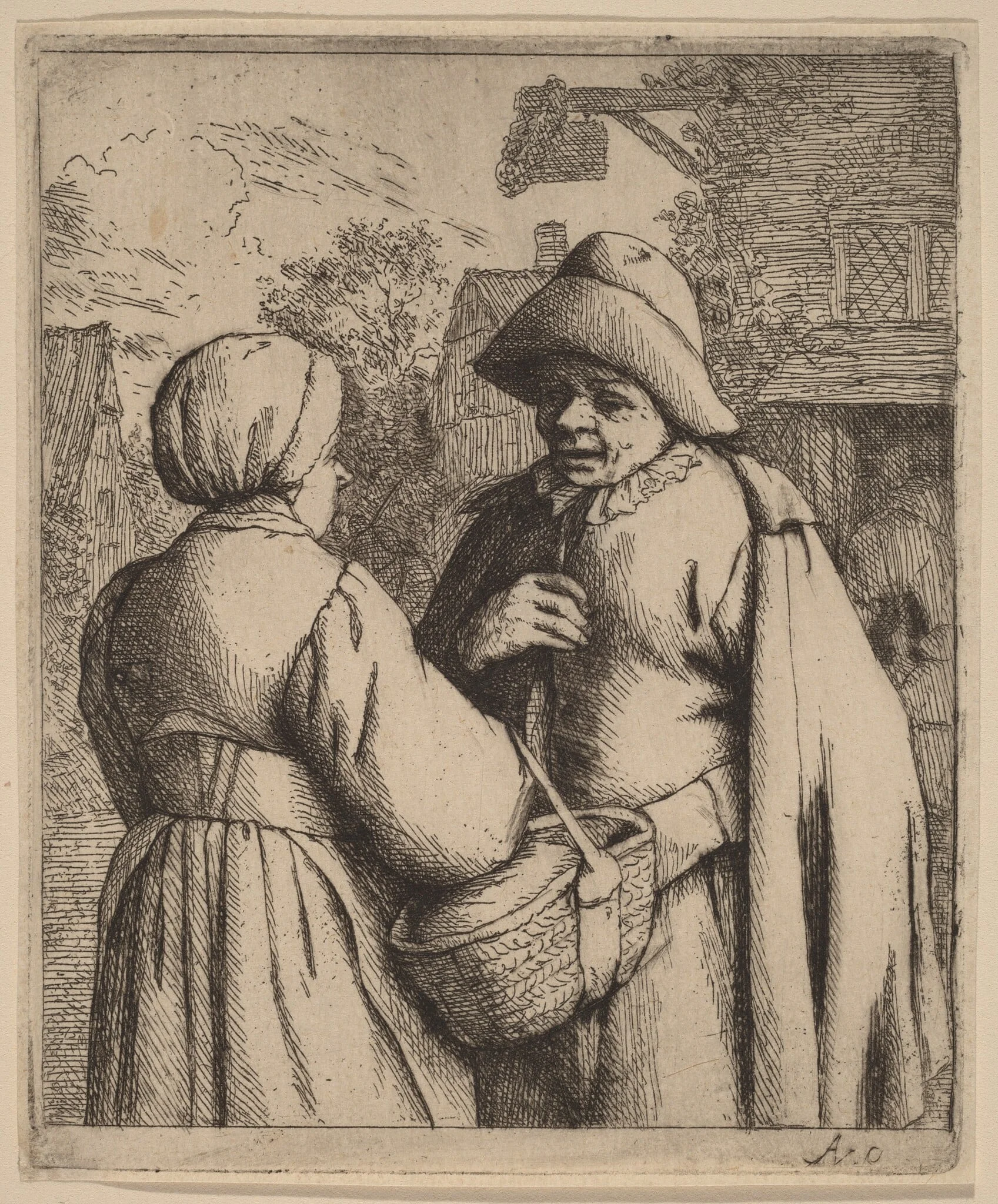 Man and Woman Conversing in Front of an Inn, by Adriaen van Ostade, ink, 1671