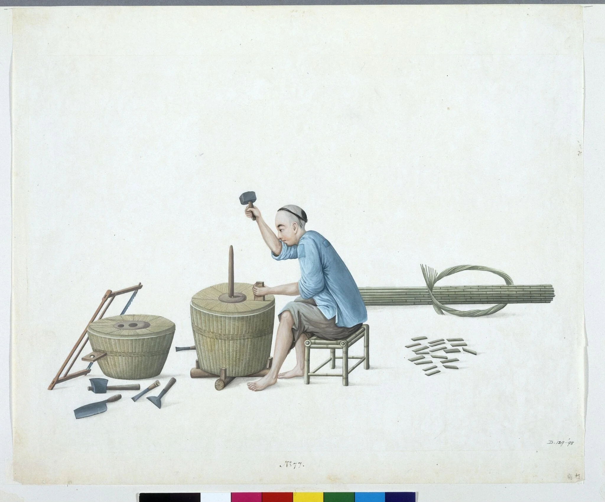 Man Making Rice Huller, by Puqua, paint, 1790