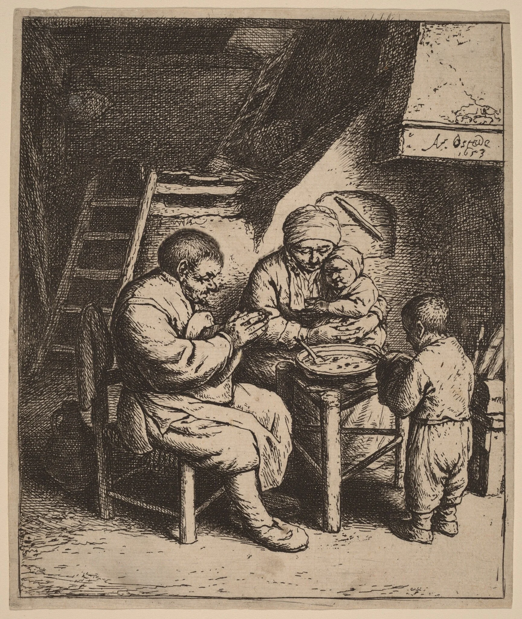 Peasant Family Praying Before a Meal, by Adriaen van Ostade, ink, 1653