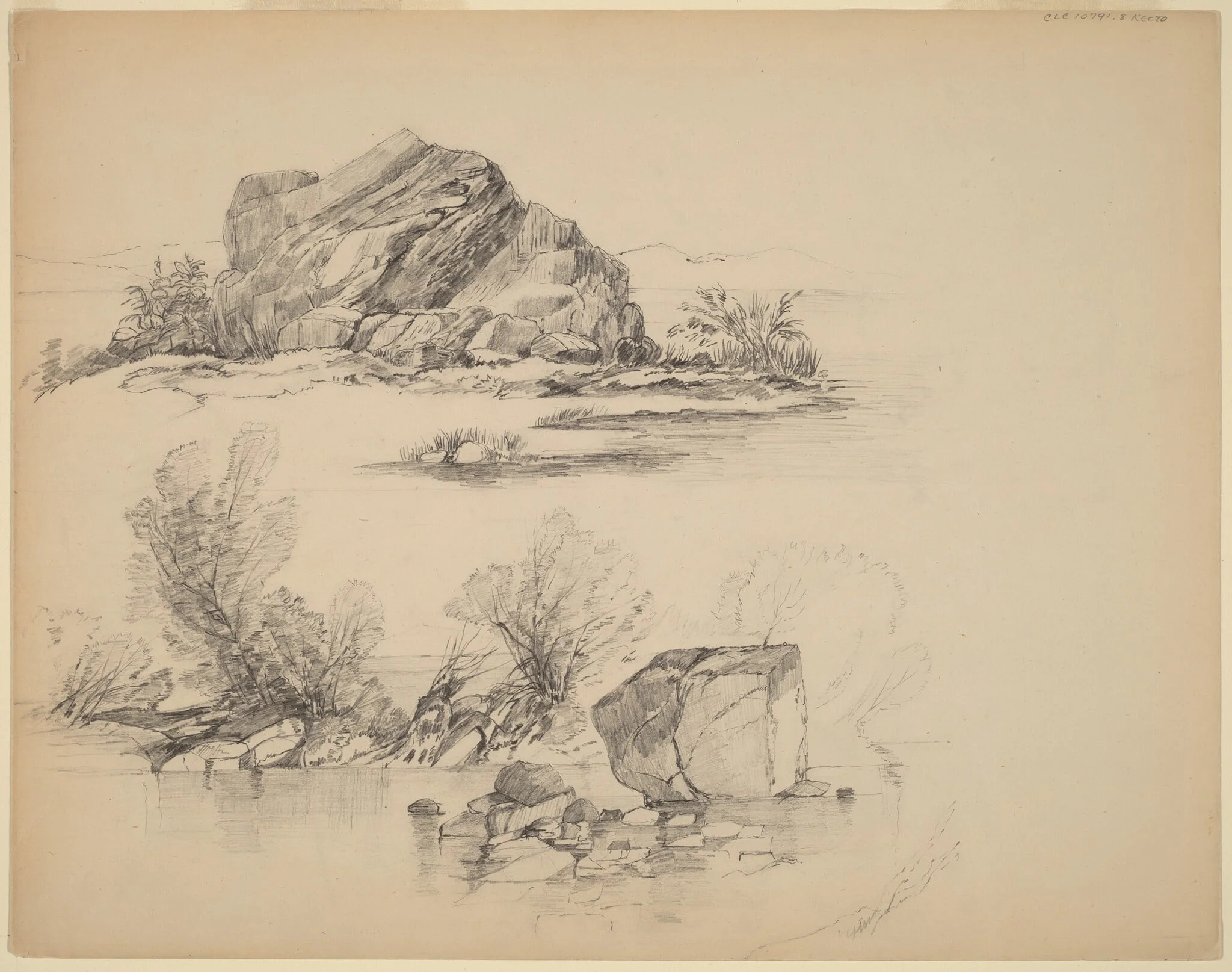 Rocks Along a Lakeshore [recto], by John William Casilear, graphite, 1852