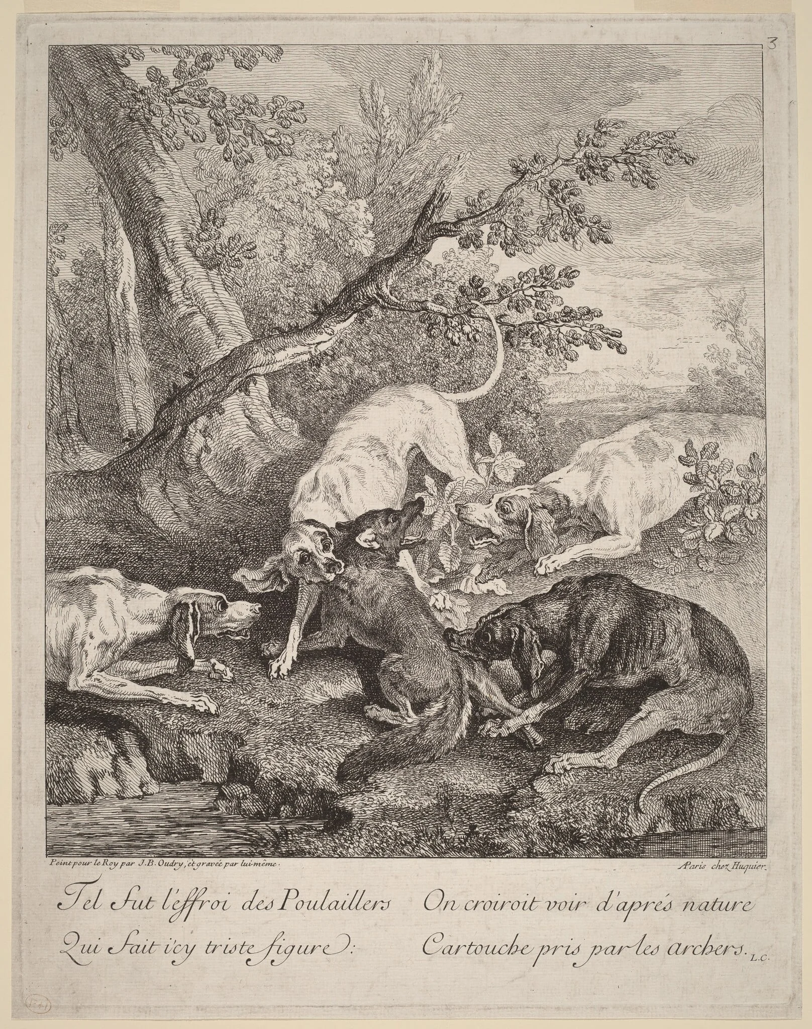 A Fox Attacked by Dogs, by Jean-Baptiste Oudry, ink, 1725