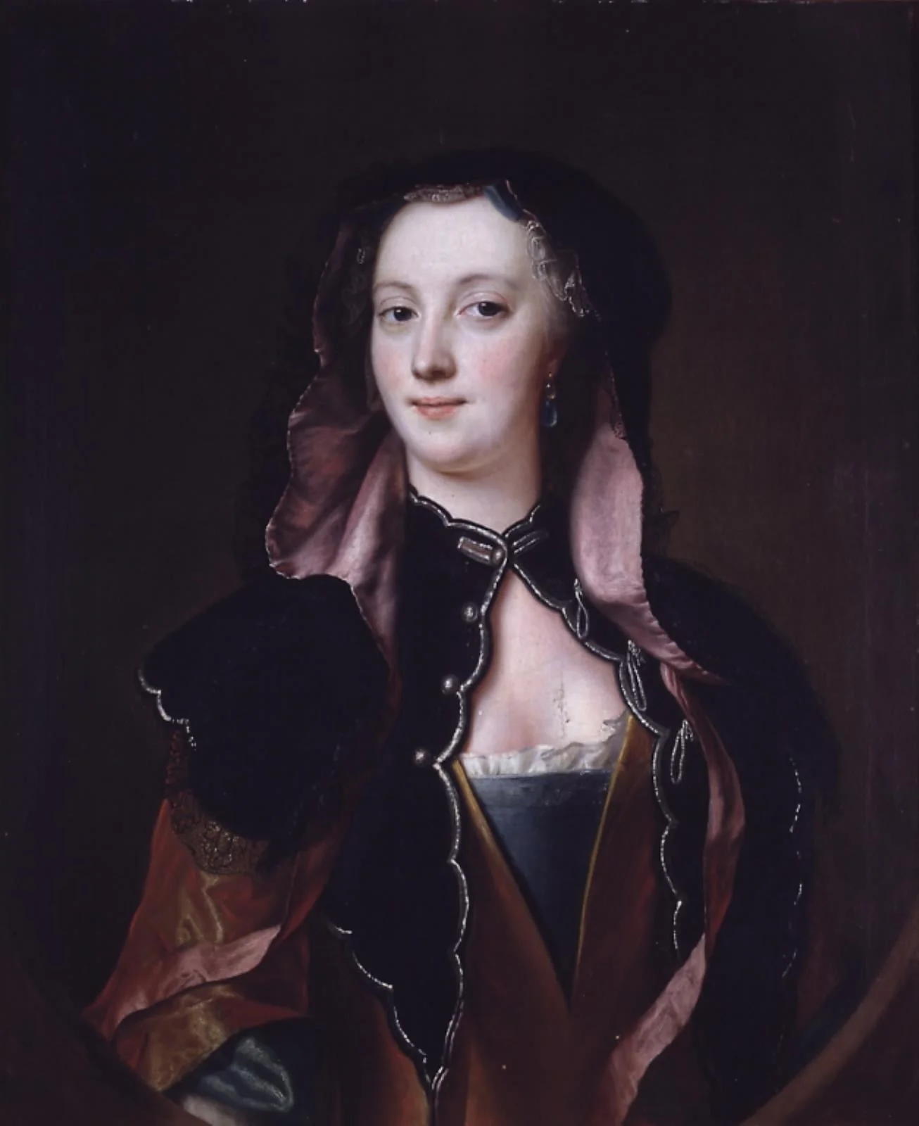 Dame i sort og rød dragt, by Unknown, 1750