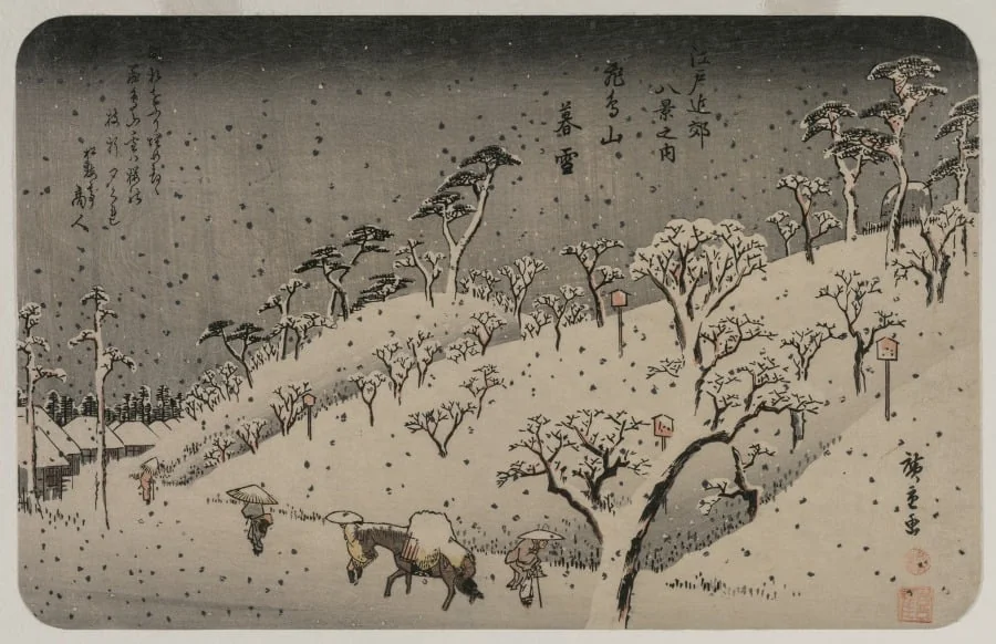 Evening Snow at Asuka Hill, from the series Eight Views of the Environs of Edo, by Utagawa Hiroshige, 1838