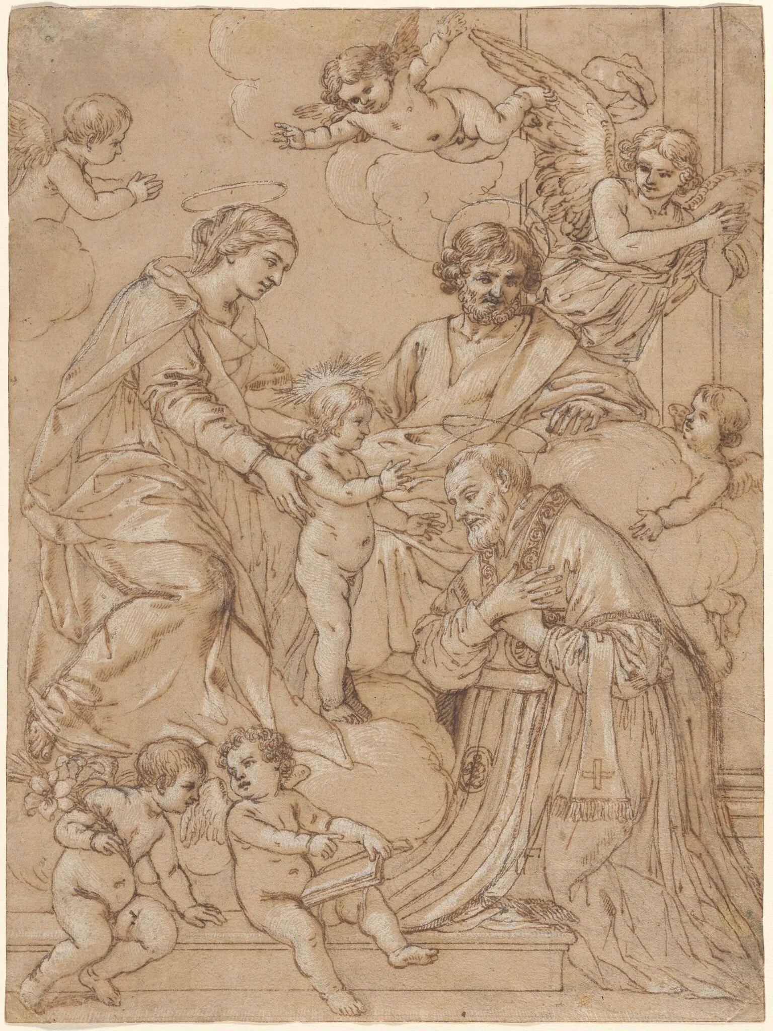 The Holy Family with Saint Philip Neri in Adoration, an Angel, and Putti
