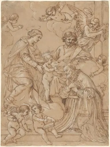 The Holy Family with Saint Philip Neri in Adoration, an Angel, and Putti