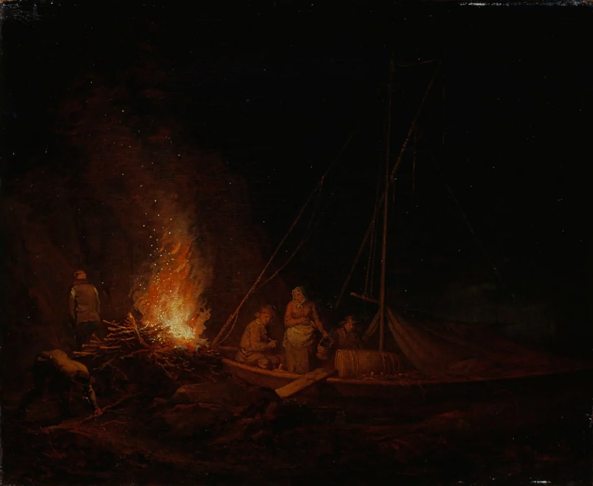 Nuotiota sytyttäviä kalastajia, by Aleksander Lauréus, unspecified