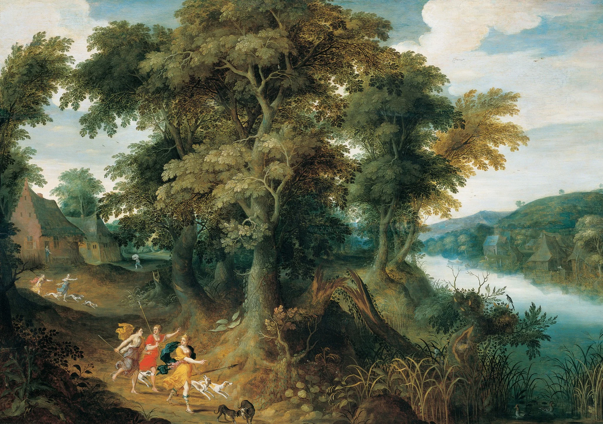 Diana and her nymphs hunting, by Jasper van der Lanen, oil, 1616