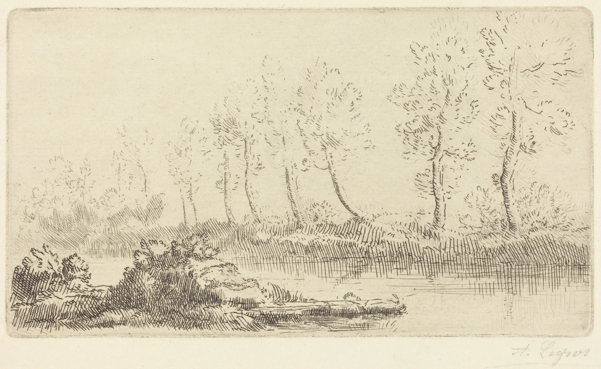 Banks of the Adour (Bord de l'Adour), by Alphonse Legros, ink, 1874