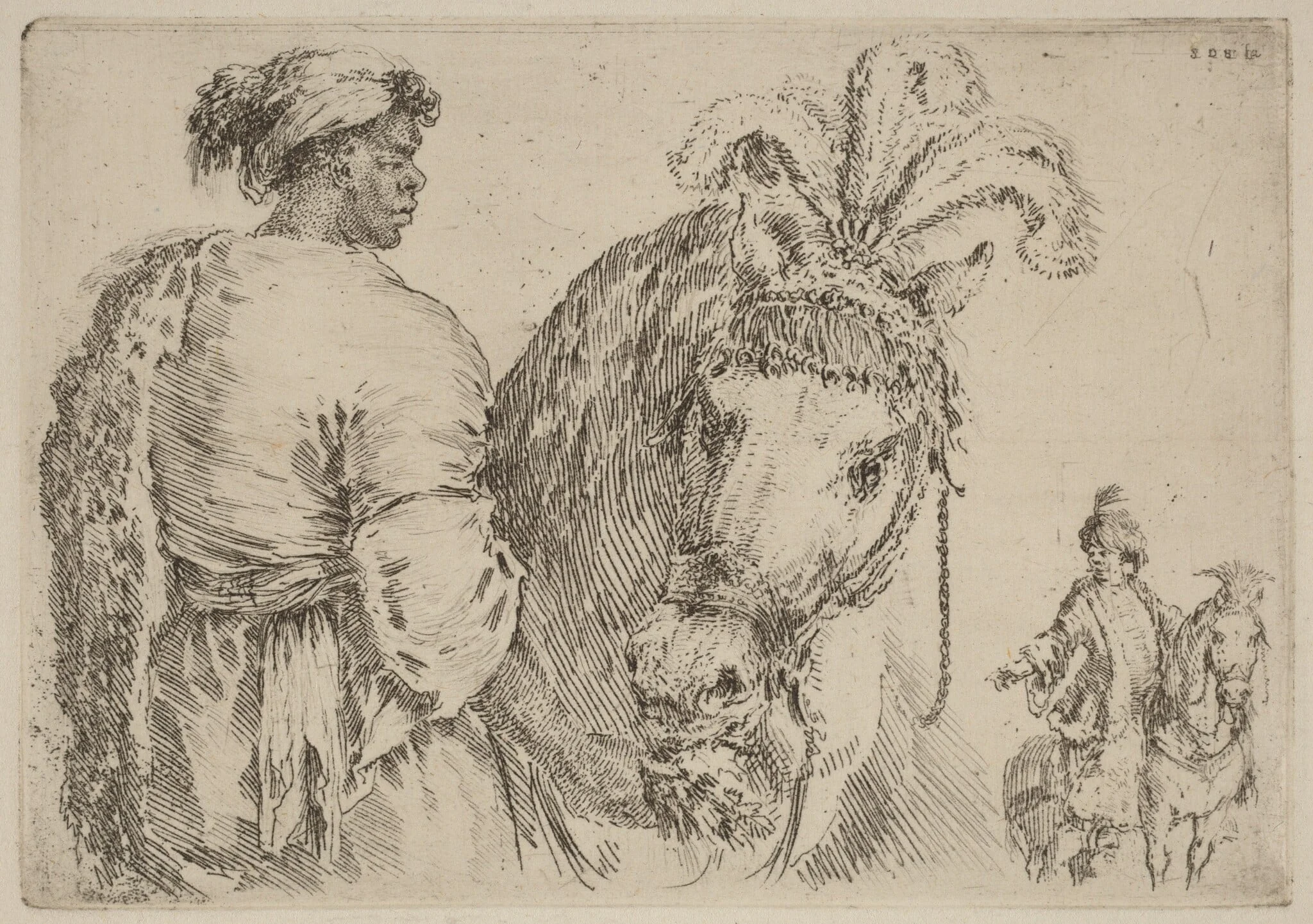 A Black Man Feeding a Horse, by Stefano Della Bella, ink, 1662