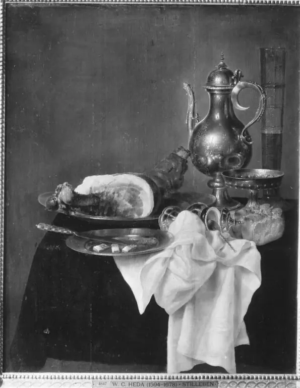 Still life with silver decanter and ham
