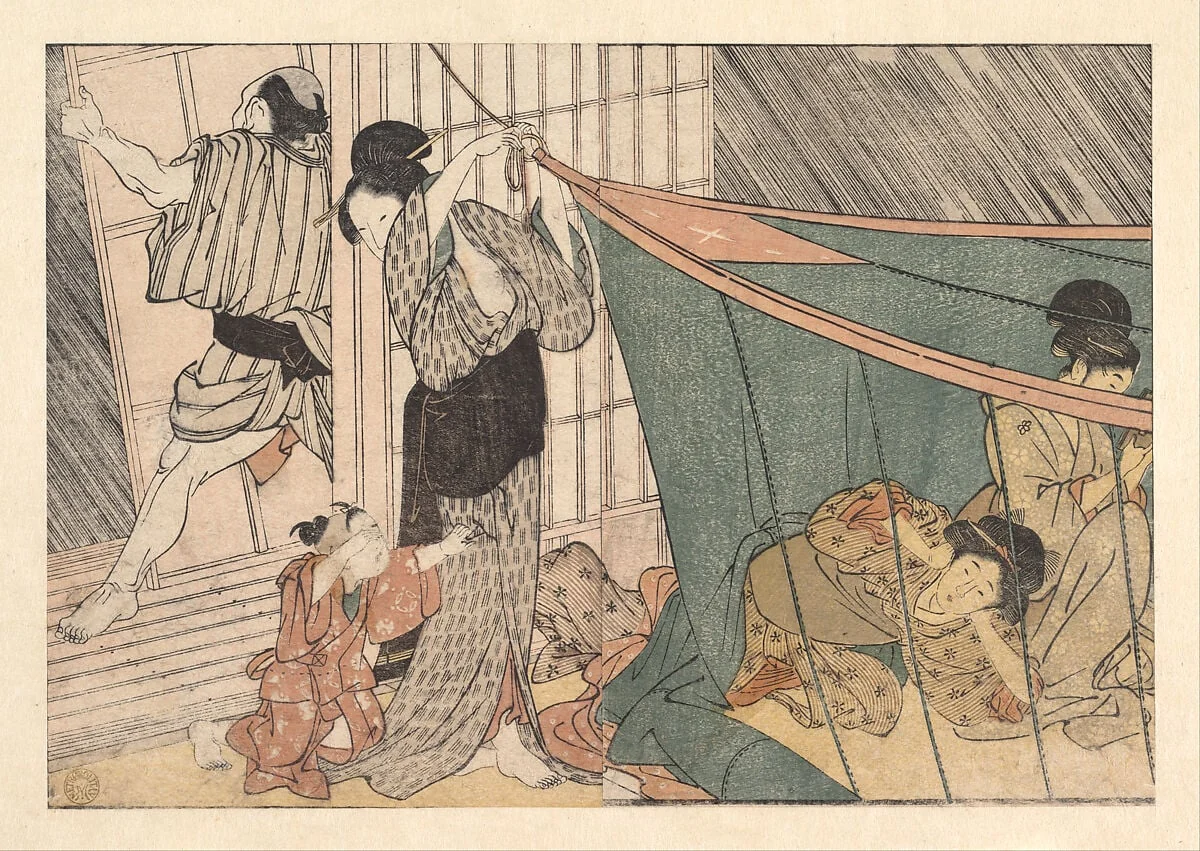 四季の花|The Coming Thunderstorm, from the illustrated book Flowers of the Four Seasons, by Kitagawa Utamaro, ink, 1801
