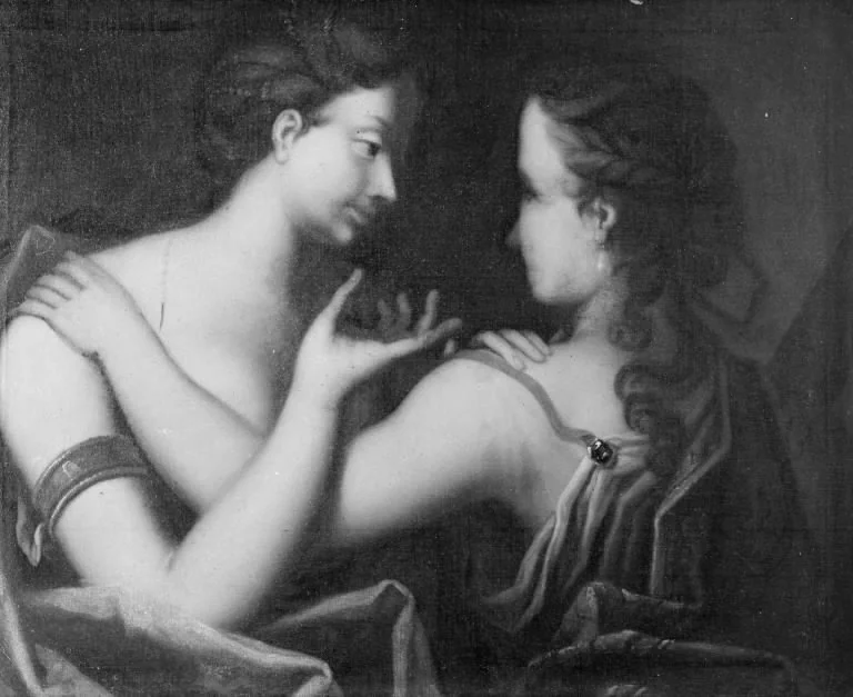 Tvende fruentimmere, halve figurer, conversere, by Jacques d'Agar, oil, 1694