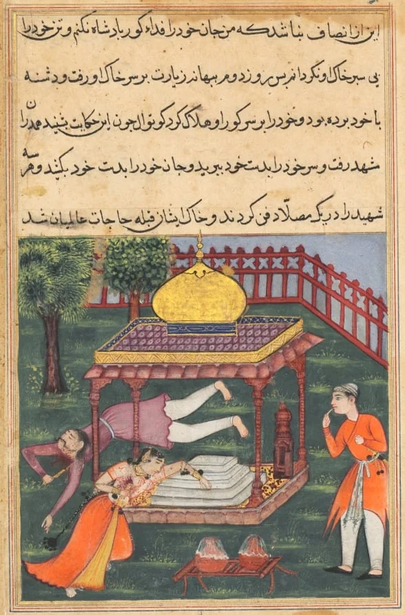 Mahrusa kills herself at the tomb of the king of Zabul, and her husband does likewise, from a Tuti-nama (Tales of a Parrot): Thirty-sixth Night