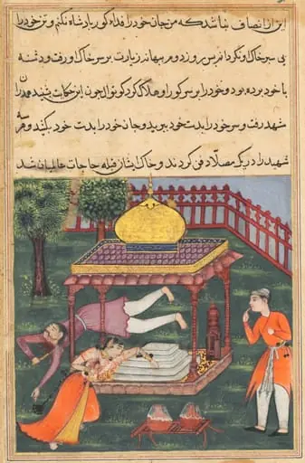 Mahrusa kills herself at the tomb of the king of Zabul, and her husband does likewise, from a Tuti-nama (Tales of a Parrot): Thirty-sixth Night