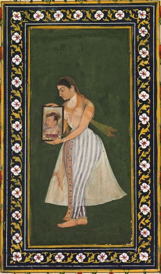 Nur Jahan holding a portrait of Emperor Jahangir, by Bishandas, unspecified, 1627