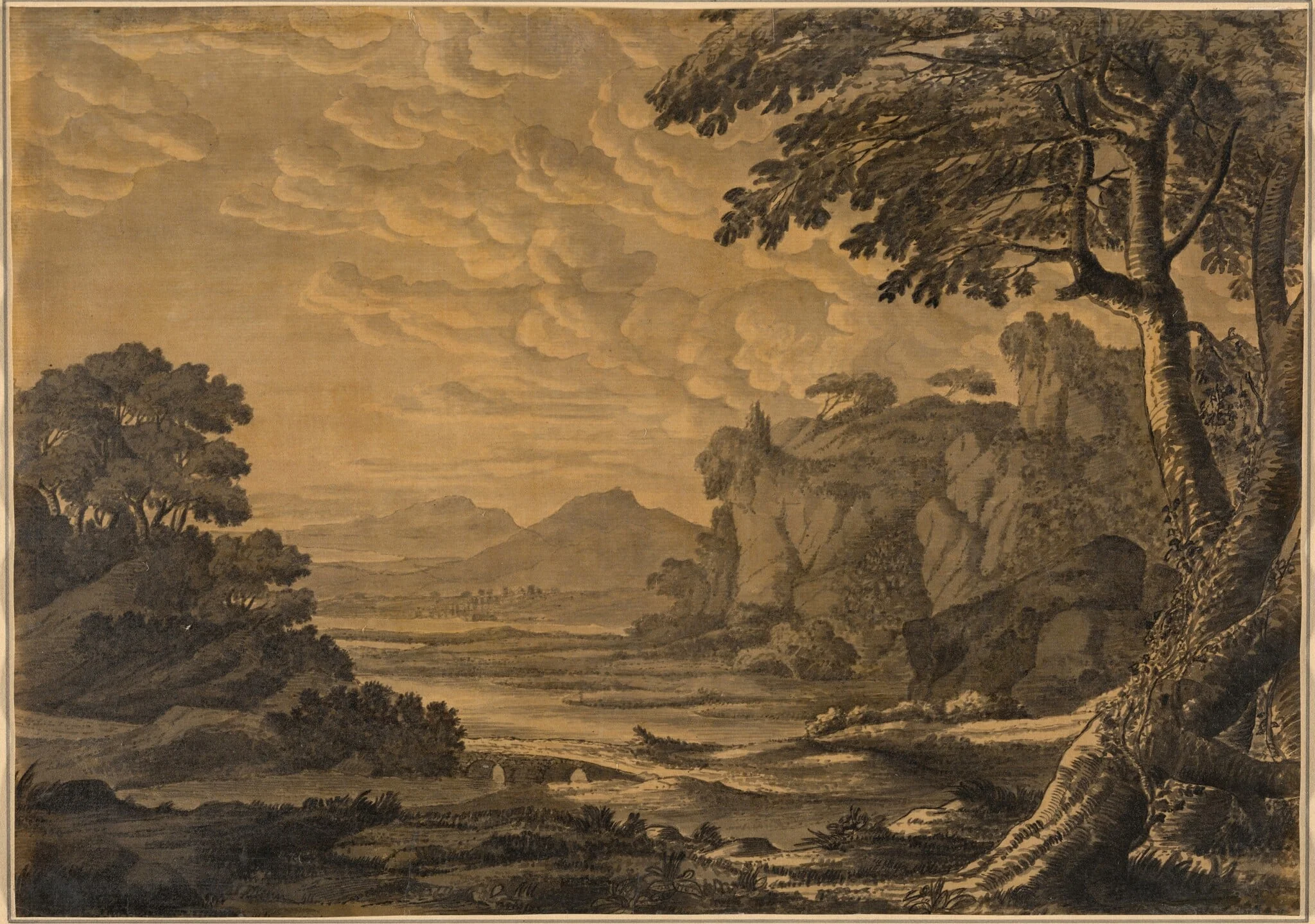An Extensive River Landscape, by Alexander Cozens, ink, 1759