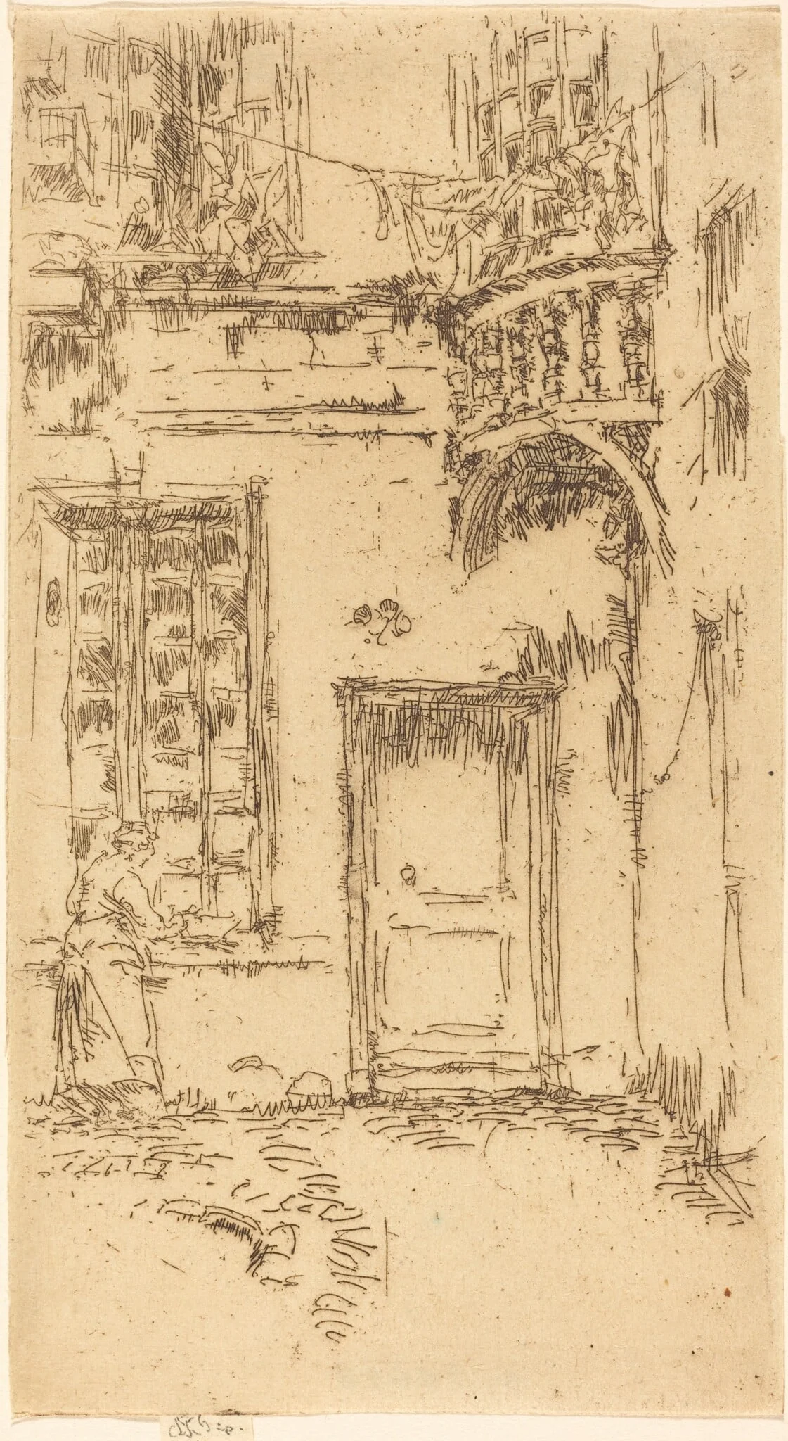 Courtyard, Rue P.L. Courier, by James McNeill Whistler, ink, 1888
